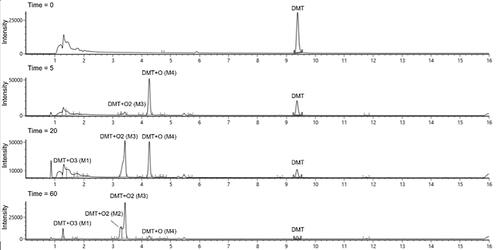 Figure 1. Combined extracted chromatogram of detected metabolites at different time points after incubation of DMT with CYP2D6.
