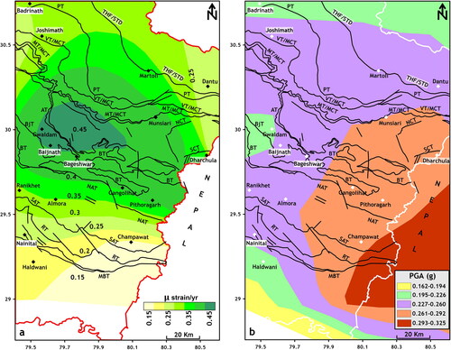 Figure 7. (a) Spatial distribution of GPS-derived strain map of Kumaun Himalaya (modified after Dumka et al. Citation2018). (b) PGA distribution map of the study area (Modified after Rout et al. Citation2015).