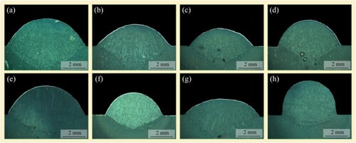 Figure 13. Cross-sections of single layers deposited by the predicted process parameters in Table 7. (a) No. 1. (b) No. 2. (c) No. 3. (d) No. 4. (e) No. 5. (f) No. 6. (g) No. 7. (h) No. 8.