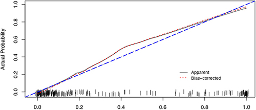 Figure 4 The calibration curves of the nomogram for predicting PIBO.