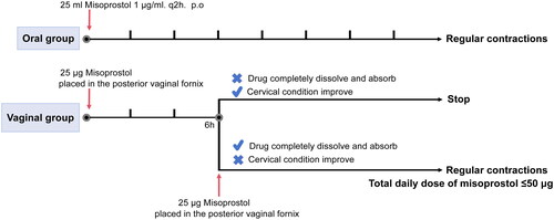 Figure 1. The different treatment way of misoprostol for oral group and vaginal group.