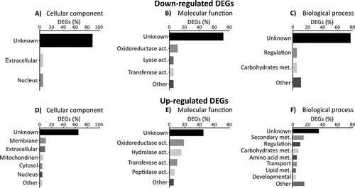 Figure 3. Gene ontology enrichment of differential expressed genes (DEGs). Percentage of down-regulated and up-regulated genes belonging to one of GO categories: (A and D) cellular components, (B and E) molecular functions and (C and F) biological process. The graphics only included the most representative groups (> 4%). Raw data are included in the table S4.