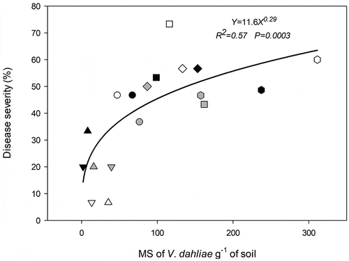 Fig. 3 Power regression model for relationship between microsclerotia (MS) density of Verticillium dahliae in soil and leaf mottle severity in R7 stage (early grain filling). Symbol´s shape identifies field experiment location: triangle up, Balcarce Conventional Tillage; triangle upside down, Balcarce No Tillage; diamond, S. F. Bellocq; hexagonal, Coronel Suárez; circle, El Carretero and square, Pieres. Symbol´s color identifies hybrids: black, Paihuén; grey, DK3920 and white, PAN7009. The location of each symbol is the mean of three replications.