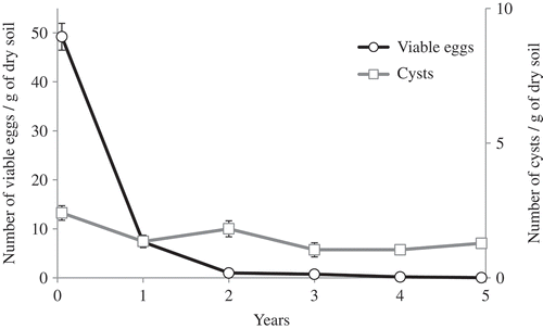 Fig. 2 Evaluation of Globodera rostochiensis population density (cysts and viable eggs) after five continuous years of cropping with resistant potatoes (cv. Andover) in microplots located in Saint-Amable, Quebec, Canada.