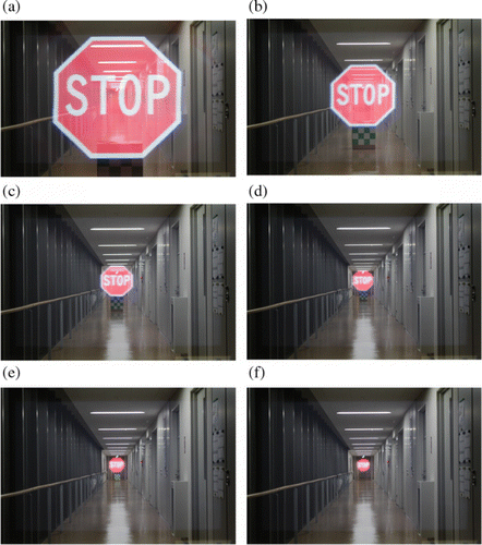 Figure 4. Photographs of 3D images displayed at depths of (a) 5 m, (b) 10 m, (c) 20 m, (d) 30 m, (e) 40 m, and (f) 50 m.