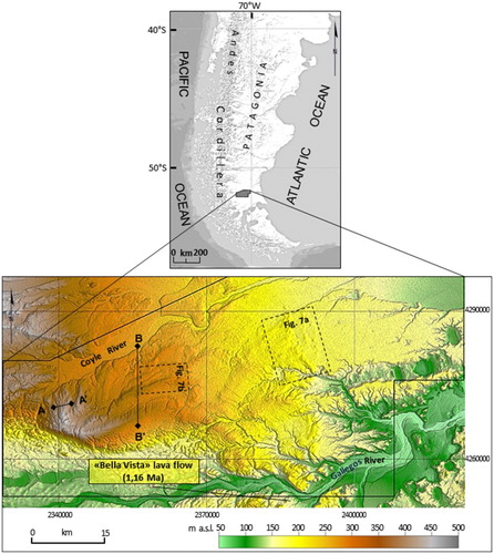 Figure 1. Location map of the study area. Topography is shown by shaded and colored SRTM elevation data. Topographic profiles along transects shown in Figures 4 and 5 are noted and the position of the dated lava flow underlying the GPG (CitationMercer, 1976) till. Rectangles with dashes lines show the location and extent of subscenes of Figures 7 and 8.