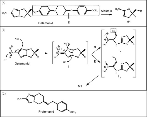 Figure 15. (A) Catalytic conversion of delamanid to M1 by albumin, (B) proposed mechanism of this reaction proceeding via a nucleophile (Nu) from albumin, and (C) the chemical structure of pretomanid.