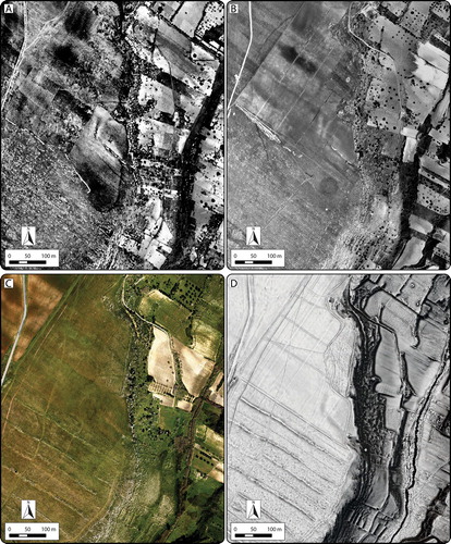 Figure 4. Images of Guletta from 1941–2016, showing different land use. Note land consolidation and significant clearance between 1975 and 2016. A) Aerial photograph from April 1941. B) Aerial photograph from May 1975. C) Aerial photograph from February 2016. D) 50 cm spatial resolution ALS-derived DTM visualization (Sky-view factor, local relief model and multiple hillshade) from data collected in February 2016. Images A and B: Istituto Geografico Militare, v1941-f254-4-108, v1975-f257-VIII-77, used with permission, authorization #7050.