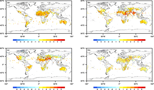 Figure 3. Monthly distributions of the difference between retrieved GOSAT satellite data (observation; ) and the GEOS-Chem simulated data (Sim; ), calculated as , at GOSAT satellite geographic coordinates over January, April, July, and October 2010.