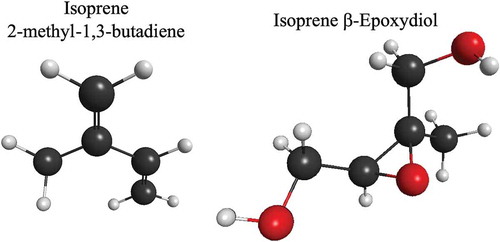 Figure 1. Isoprene and one of its highly oxidized products, isoprene β-epoxydiol, that forms particulate matter in the atmosphere. The white spheres are hydrogen atoms, the black spheres are carbon atoms and the red spheres are oxygen atoms.