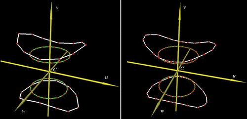 Figure 11. The geometrical model of the DLH with different approximation accuracies. Left: The less accurate model using 18 points to approximate the inner circle and 12 points for the outer curve. Right: The more accurate model using double the number of points in each case. [Color version available online.]