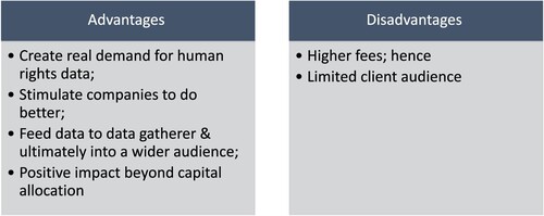 Figure 4. Advantages and disadvantages of a dedicated human rights fund versus a regular sustainable investing fund. Source: the authors.