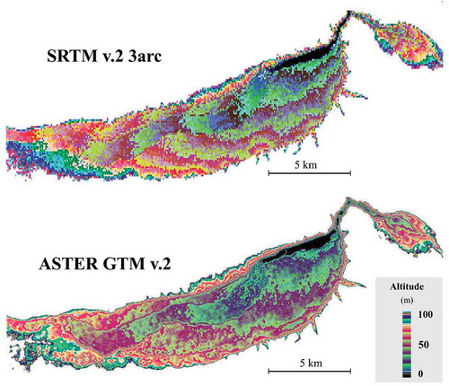 Figure 4. DEM (relative scale) for Kapshagay reservoir: SRTM v.2 (resolution 90 m); ASTER GTM v.2 (resolution 30 m)