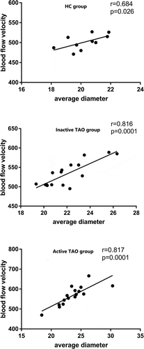 Figure 2. Correlations between blood flow velocity and average diameter. The blood flow velocity distribution showed a positive correlation between vessel velocity and diameter in the TAO group (all r > 0.80, P < .001) and healthy control group (r > 0.60, P < .05)