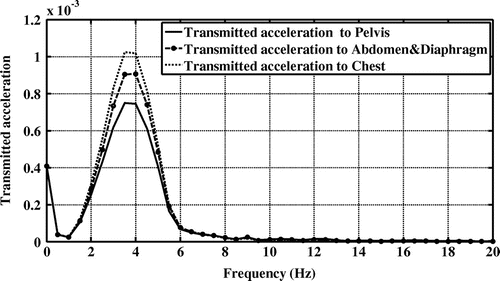 Figure 12. Transmitted accelerations to the human body for three body segments including pelvis, abdomen/diaphragm and chest of road-1 excitation in the first driving cycle.