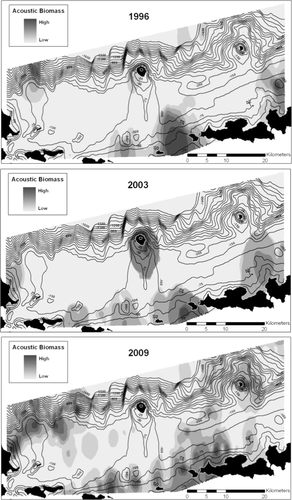 Figure 5 Distribution of acoustic biomass for the top 50 m of the water column for the Kasatochi study area. Maps are based on IDW interpolation of relative acoustic biomass. Relative measurements are presented owing to use of different hydroacoustic systems or instrument settings in each year.