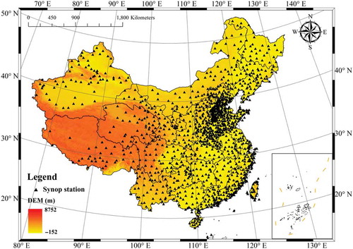 Figure 1. Synop stations over China. The inset outlines the south China Sea Islands with dash line representing the national boundary of China.