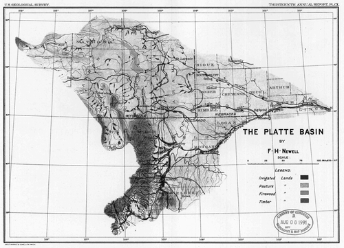 Figure 5.  Map of the Platte Basin by F. H. Newell, in Thirteenth annual report of the United States Geological Survey, 1892–93. In Report of the Secretary of the Interior, 52nd Cong., 2nd sess., House Executive Document 1, part 5.