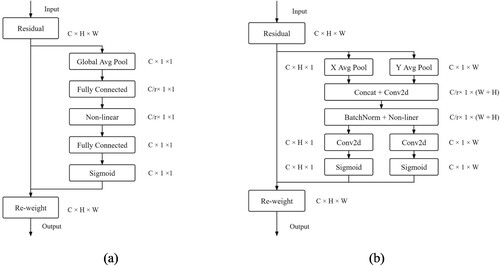 Figure 3. SE attention mechanism vs. CA attention mechanism. (a) SE attention mechanism, (b) CA attention mechanism.