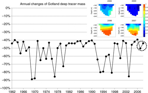 Fig. 6 Annual changes (relative to the initial value reset on January 1 every year) of tracer mass (GO4) in Gotland Deep (large solid dots). The dotted circle indicates the Baltic Sea tracer experiment period in 2007–2009 by Holtermann et al. (Citation2012). The colour inlets show W–E transects (~E19.6°–E20.4°) in the central GO (~N57.3°) of the tracer concentration profiles (150 m–btm) at the end of December in the years 2000, 2003, 2006 and 2007.