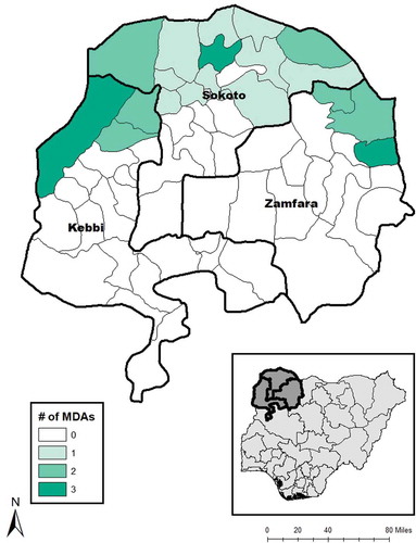 Figure 1. Number of rounds of antibiotic mass drug administration (MDA) for trachoma, Kebbi, Sokoto and Zamfara States, Nigeria, 2010–2013.