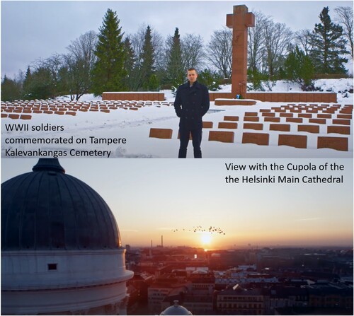 FIGURE 7. The BBM talking head stands on the soldiers’ graveyard in front of a cross (0:56), and Ketutus features the Evangelic-Lutheran Helsinki Cathedral (3:19).
