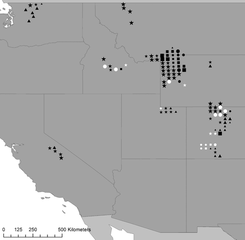 FIGURE 5 The most significant single predictors of April 1 SPD as determined from the CitationBrown et al. (2003) simple snowpack model for NARR grids that had no less than 27 (out of 30; 1980–2009) non-zero April 1 snow depths. Positive (negative) slopes are indicated by black (white) symbols. The largest symbols indicate that the predictor is significant at the 0.05 level, medium symbols indicate that the predictor is significant at the 0.10 level, and the smallest symbols indicate that the predictor is not significant at the 0.10 level. P is represented by stars, T by circles, SFE/P by triangles, and SFD by squares. Predictor variable acronyms are described in Table 1.