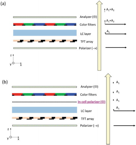 Figure 9. Working mechanism of (a) conventional LCD panel with depolarization effects, and (b) the proposed LCD panel with decoupled depolarization effects.Reproduced from Ref. [Citation41], with the permission of The Optical Society.