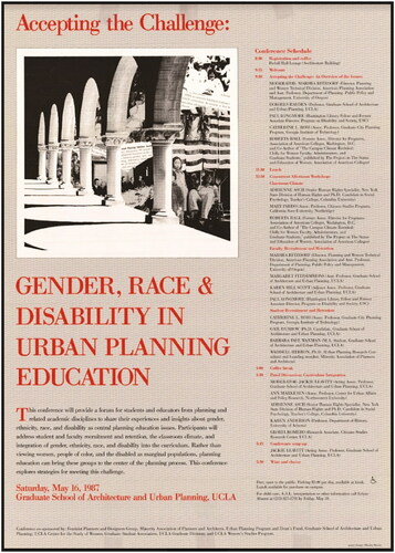 Figure 1. Poster from May 1987 conference co-sponsored by Feminist Planners and Designers and the Minority Association of Planners and Architects.Image description: A flyer for the conference schedule includes a photo collage of a walkway with arches, a woman in a wheelchair, people of color, document fragments and a flag. The conference name is prominent on the poster “Accepting the Challenge: Gender, Race & Disability in Urban Planning Education,” UCLA.