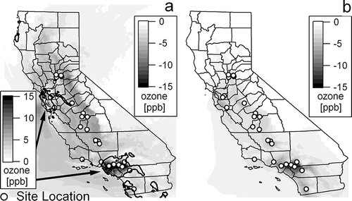 Figure 5. IC in a uniform O3 concentration of 75 ppb as a result of (a) 20% reduction in NOx and (b) 20% reduction in VOC emissions for the SAPRC99 mechanism (see Equationeq 1 for the definition of IC).