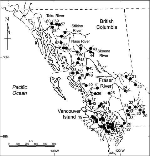 FIGURE 1 Map indicating the locations of the 60 Chinook salmon populations surveyed for the study. Population and region names are given in Table 1.