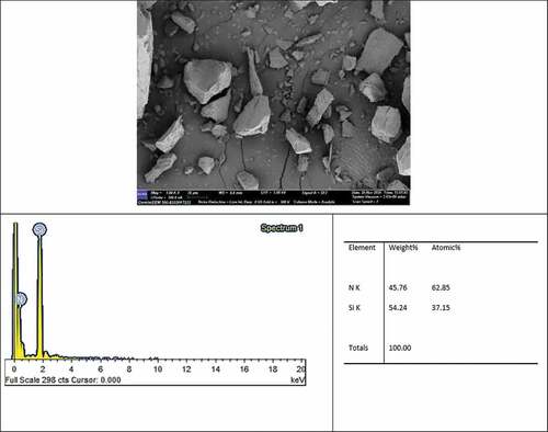 Figure 2. SEM micrograph and EDAX spectrum of Si3N4 particles.