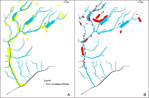 Figure 5 Distribution of hunting and eeling sites in the Waitaki catchment pre-European settlement. A, Eeling sites. B, Weka hunting sites.Note: Adapted by K. Nelson from the Beattie 1920s' map and Beattie (Citation1945).