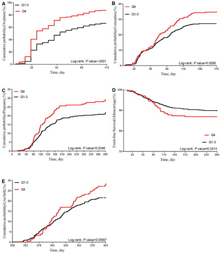 Figure 1. Kaplan-Meier Plots of SHBG levels. Kaplan-Meier curves of event-free survival by SHBG for ovulation (A), conception(B), pregnancy (C), miscarriage (D), and live birth (E). in quartile 4 of SHBG (red line) or quartiles 1 to 3 (black line). P value assessed by log-rank test.