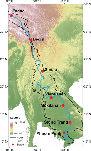 Figure 1. Elevation map of the Lancang–Mekong River basin (LMRB) (units: m). The blue solid line is the Lancang–Mekong River; the area within the black solid line is the river basin; and the red points are the main stations in the LMRB.