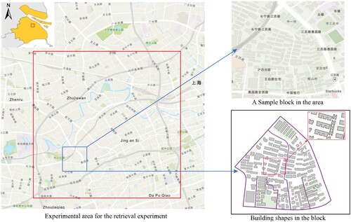 Figure 12. Experimental area for the retrieval experiment. The left picture illustrates the location of Shanghai City in mainland China and the red line depicts the study area in Shanghai City (it is located in the vicinity of the walled region defined by Zhongshan North, West Yan'an, and North Chengdu Roads). The two right pictures denote a sample block and building shapes in the area.