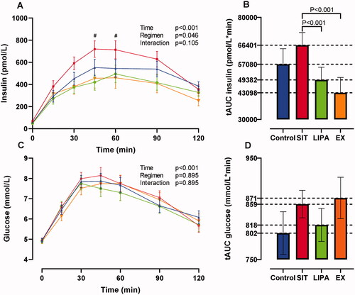 Figure 3. Two-hour oral glucose tolerance tests. (A,C) Average insulin and glucose levels per time point of the 2-h oral glucose tolerance test per activity regimen (Display full size CONTROL, Display full size SIT, Display full size LIPA, Display full size EX). (B,D) Total area under the curve (tAUC) for insulin and glucose concentrations shown in (A,C). Data are presented as estimated means ± SEM. LIPA: light-intensity physical activity; EX: exercise. #Trend towards significant difference (p = 0.054 at 45 min for SIT vs. LIPA, p = 0.063 at 60 min for SIT vs. EX). All analyses were Bonferroni corrected.