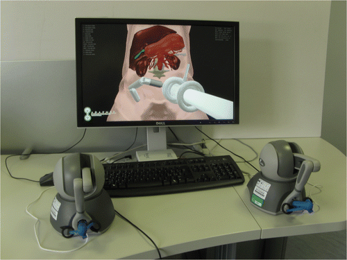 Figure 1. Overview of the surgical simulator, showing the software application running on a workstation and the hardware interface for the control.