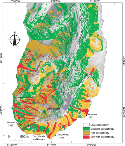Figure 6. Wet snow avalanche susceptibility map of the Circo de Gredos according to values obtained from combining trigger factors, reclassified into four categories. Red: very high. Yellow: high. Green: moderate. White: low.