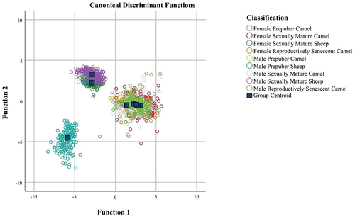 Figure 5. Territorial map depicting the centroids of the different observations considered in the discriminant canonical analysis sorted across species/breeds and age groups.