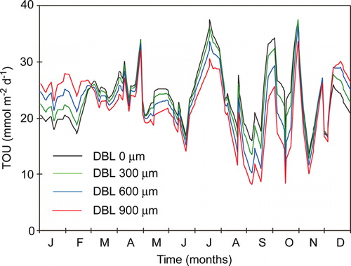 Figure 7.  The TOU modeled with the same seasonal scenario but with four different, static DBL thicknesses (redrawn from Glud et al. Citation2007).