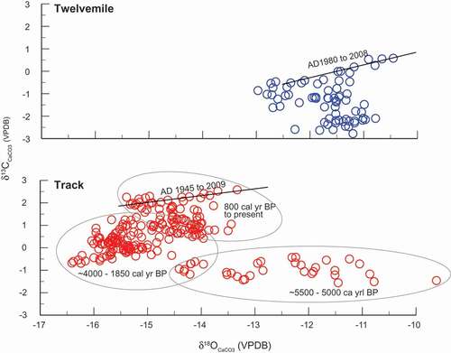 Figure 9. Twelvemile and Track δ18OCaCO3 and δ13CCaCO3 shown with linear regressions for the late twentieth and early twenty-first centuries