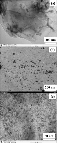 Figure 1. TEM images of (a) bare GO, (b) GO–Ag nanocomposite, (c) GO–Co nanocomposite.