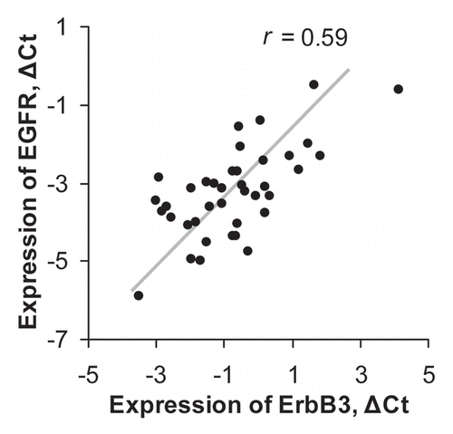 Figure 6 Expression levels of ErbB3 and EGFR mRNA in pancreatic cancer surgical specimens for 39 patients. ΔCt is calculated relative to expression of RPLPO.r is a Spearman correlation coefficient.
