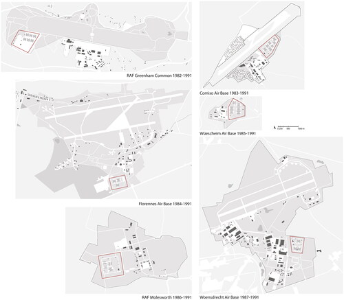 Figure 4. Plans of each of the six European GLCM sites, outlined within the area of the wider air bases of which they are (or were) a part.