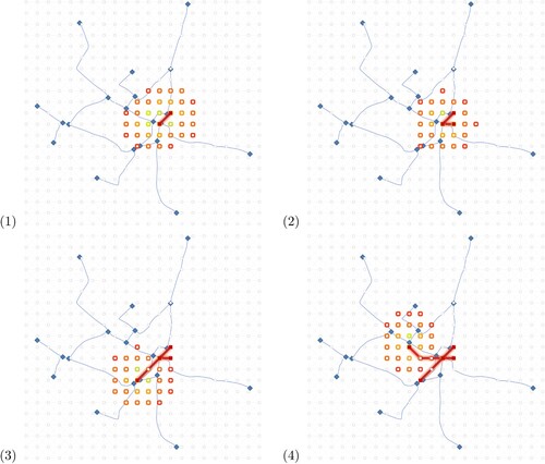 Figure 16. The first four iterations of our approximate metro map image construction. The input line graph is depicted in blue, the metro map image in the template grid graph is depicted in red.