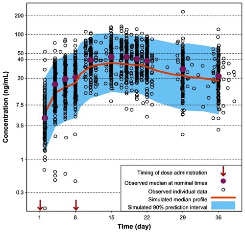 Figure 2 Comparison of model-based projections versus observed data for the initial 5 weeks of treatment with PP 150 mg eq on both days 1 and 8.