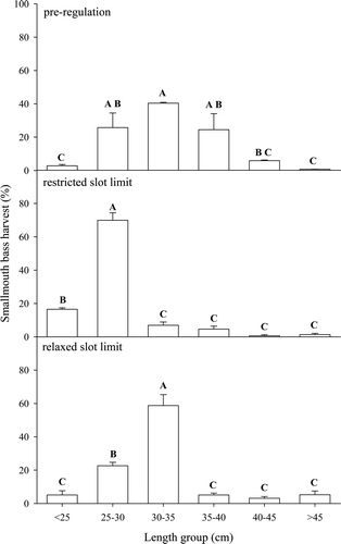 Figure 2 Angler harvest distribution (5 cm size categories) of smallmouth bass from Lake Sharpe, SD, pre-regulation (top panel), during the 305–457 mm protected slot limit (middle panel) and during the relaxed slot limit of 355–457 mm (bottom panel). Harvest was compared within each time period and length categories with different letters denoting significantly different harvest.