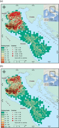 Figure 1. Map of the study area in the north-central Adriatic Sea, showing the spatial distribution of fishing effort and catches (CPUE, number of individuals per 106 m3) of (a) Common Eagle Rays and (b) Bull Rays during 2006–2012.