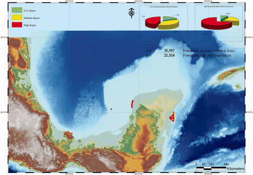 Figure 7. Storm surge hazard assessment related to the Stan hurricane event. Inserts showing storm surge affected population of the study area and storm surge affected area.